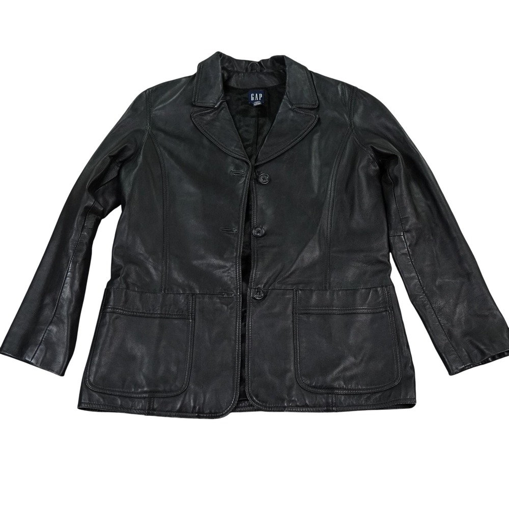 GAP Blazer Jacket Women Large Black Genuine Leather 3 Button Minimalist Classic